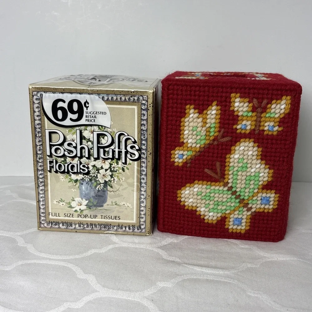 VTG Posh Puffs Tissues Handmade Cover Box Needlepoint Yarn Homemade Butterflies